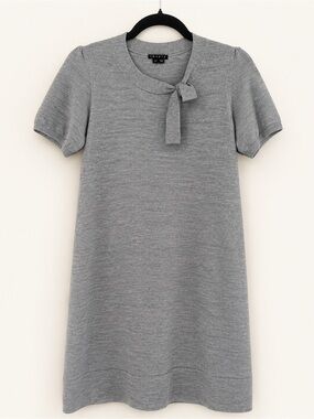 Theory Gray Merino Wool Knit Shift Dress Short Sleeve Bow Neck Size Small